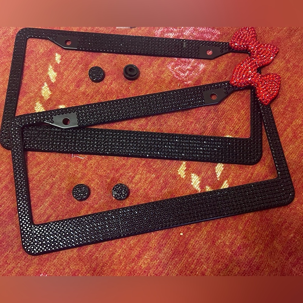 2 Black Rhinestone License Plate Frames with Cute Red Rhinestone Bows | NEW